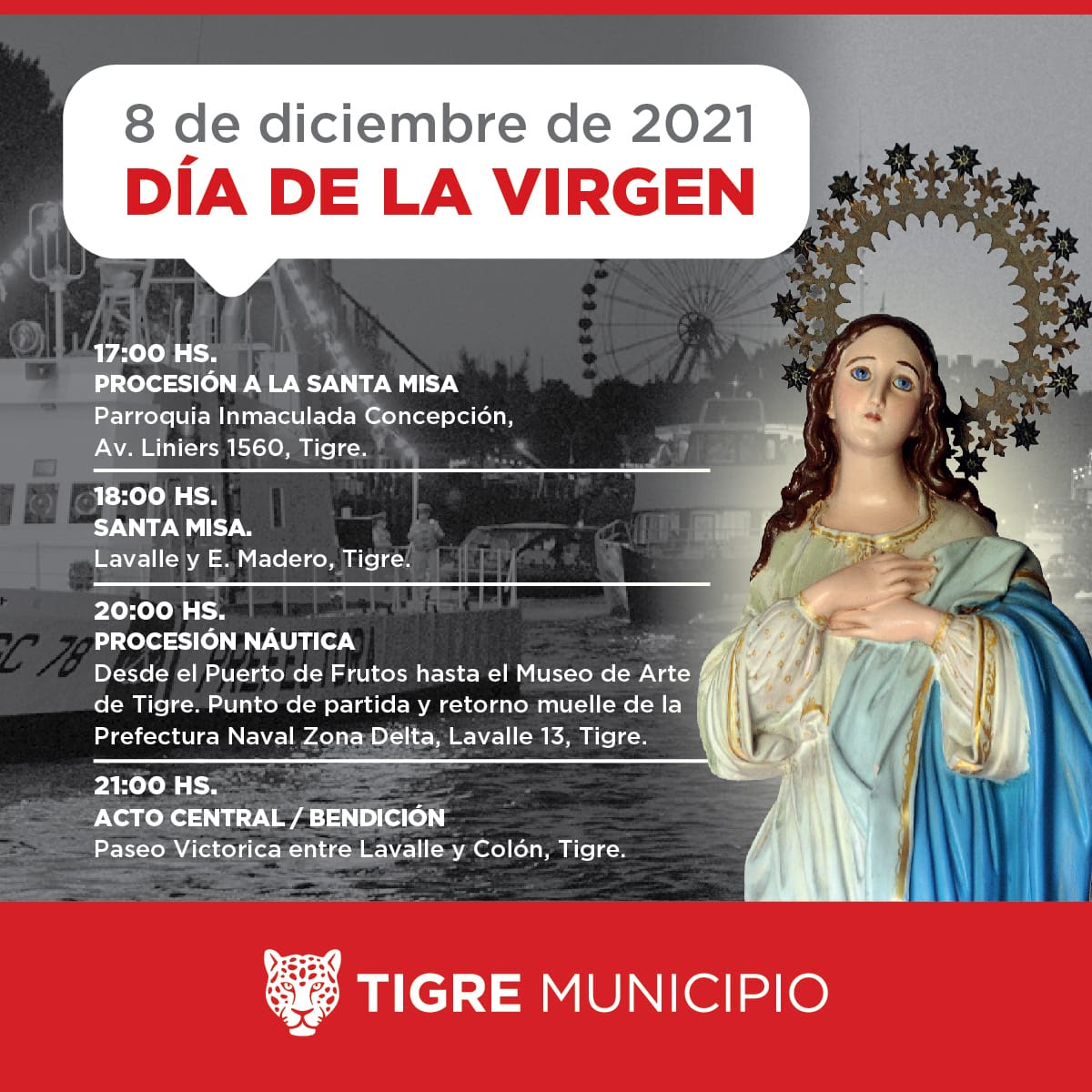 El Municipio de Tigre celebrará este miércoles el 72° aniversario del Día de la Virgen